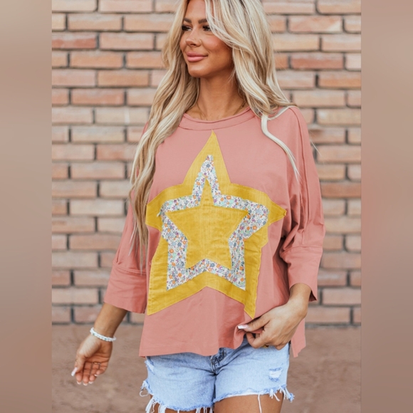 Rose Tan Floral Starbust Exposed Seam Mineral Wash Top - Picture 3 of 13